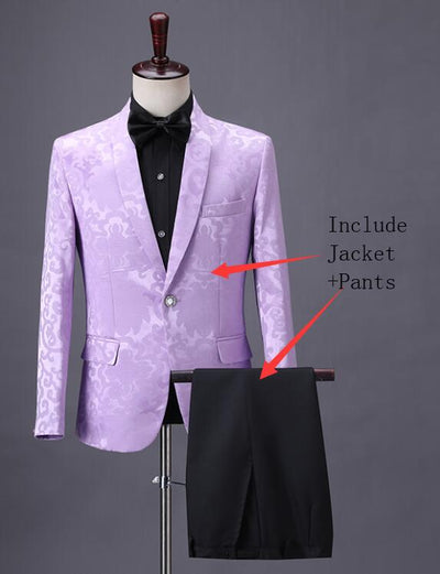 England Style Men&#39;s Jacquard Suit Vintage Pattern Blazers Pants 2 Pieces Set Male Singer Chorus Host Suits Prom Wedding Dress