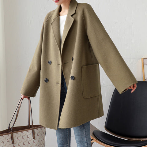 Female Minimalism Fashion Double-breasted Mid-length Lapel Comfortable Double-sided Cashmere Blend Loose Coat With Big Pocket