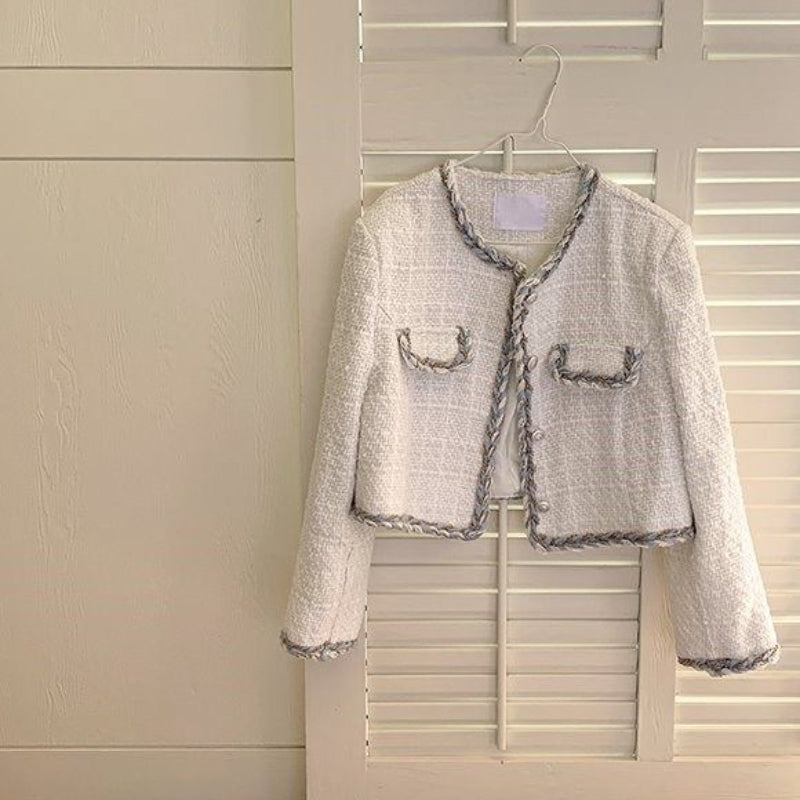 Korean Elegant Small Fragrance Tweed Jackets V-neck Contrast Color Braided Edge Design Coats Single Breasted Long Sleeve Tops