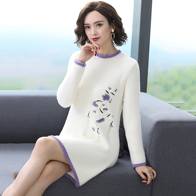 Imitation Mink Fleece Sweater Women Autumn Winter Knitted Female Outer Wear Thicken Long Sweater Dress Women Embroidered Tops