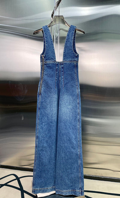 Women Wide Leg Denim Overalls all-match Slim High Jumpsuit Side Zipper Design Elegant V-neck jumpsuit 2022 Early Spring new