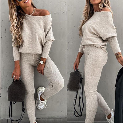 Casual Solid Casual Fit One Shoulder Top Long Sleeve Top & High Waist Drawstring Pants Set