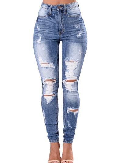 Spring and Summer New Women's Fashion Ripped Skinny Jeans High Elastic Light Color Trend Street Style Casual Women's Clothing
