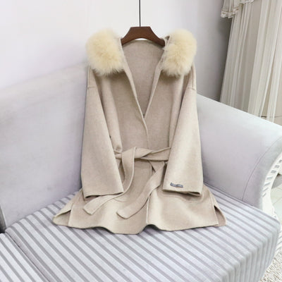 Korean Style Vintage Belt Long Loose Woolen Overcoat Jacket Warm Thicked hooded natural fur jackets