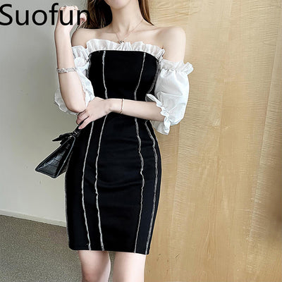 Suofun Sheath Patchwork 2021 Sexy Party Night Club Women The Shoulder Summer Puff Sleeve Design Slash Neck Black Summer Dress