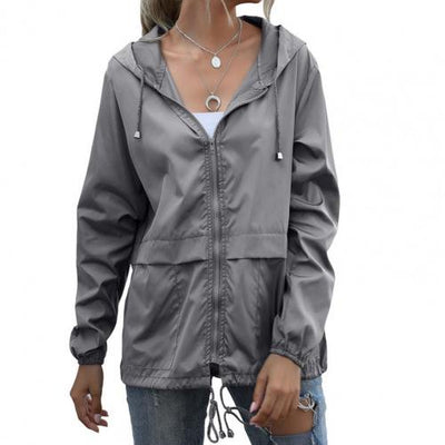 Solid Color Zipper Closure Hooded Jacket Thin Long Sleeve Windproof Women Drawstring Jackets Coat Female Clothing