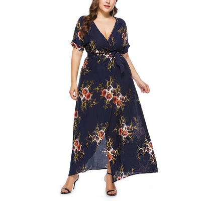SHESTARR Plus Size Women Dresses 2022 Sexy Deep V Neck Short Sleeve XL-4XL Floral Print Summer Plus Size Feminine Maxi Dress