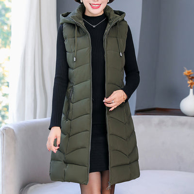 Long Winter Vest Down Jack Women's Solid Hooded Pockets Zipper Padded Ladies Casual Sleeveless Jacket Warm Waistcoat for Female