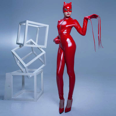 Black Tigh PVC Leather Catsuit Exotic Sexy Zipper Open Crotch Stretchable Bondage Jumpsuit Clubwear uniform