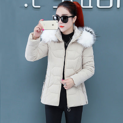 Lugentolo Winter Jacket Women Korean Fashion Slim Fit Big Fur Collar Pockets Zipper Streetwear Woman Parkas