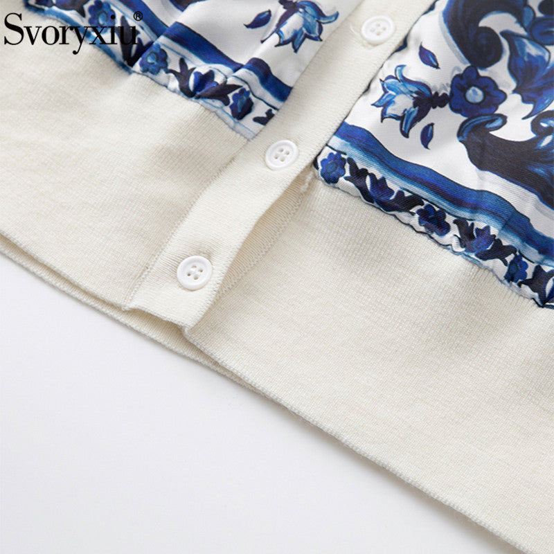 Svoryxiu Summer Runway Blue And White Porcelain Knitting Cardigan Women&#39;s Long Sleeve Button Silk Print Patchwork Wool Cardigan