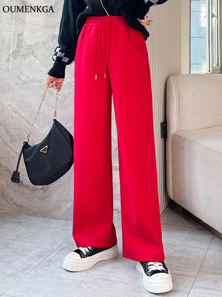 OUMENKGA Fashion Women Autumn Winter Cotton Pants Wide Leg Casual Pleated Female New High Waist Floor-Length Loose Trousers 4XL