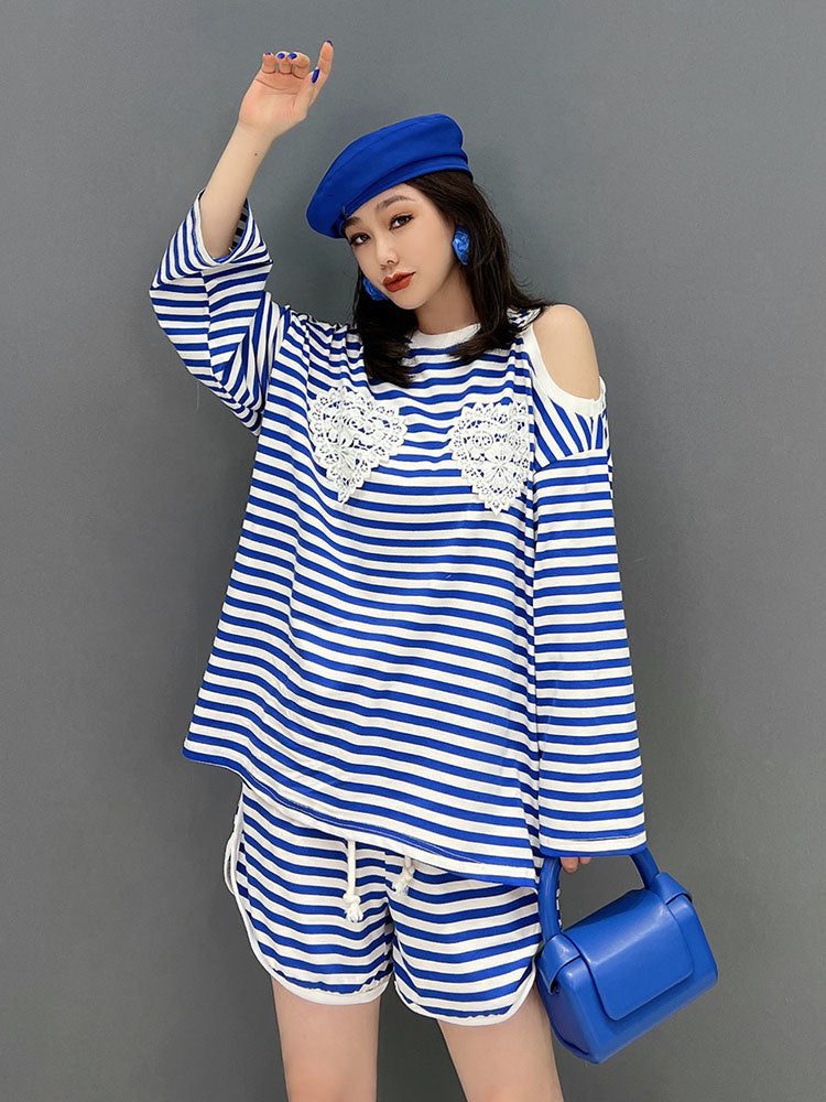 SHENGPAIAE Elastic Waist Drawstring Striped Shorts 2022 summer Women Two Piece Set Off Shoulder Pullover Patchwork Top 5W311