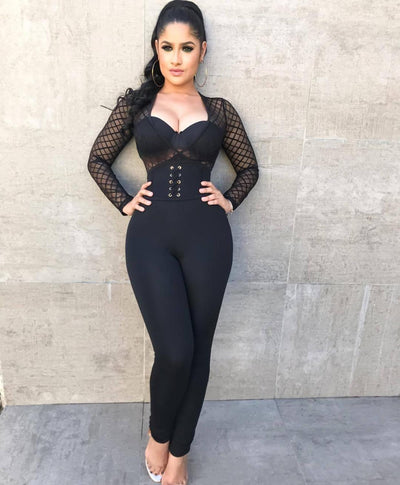 AHVIT Black Mesh Patchwork Sexy Jumpsuits Long Sleeve Deep V Neck Skinny Party Romper Back Zipper Bandage Jumpsuits ZW8031