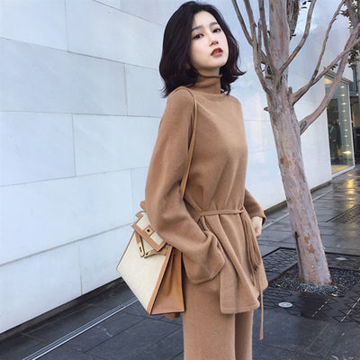 2-Piece Knitted Sweater Women's Autumn And Winter Long-Sleeved Tops Wide-Leg Pants Ladies Elegant Suit Sportswear Korean Jacket