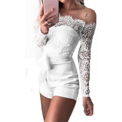 Women Ladies Summer Autumn Off shoulder Sexy Playsuits Fashion Long sleeve Sheer Lace Patchwork Hollow Bandage Skinny Jumpsuits