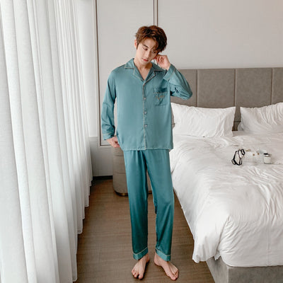 Men&#39;s Full Sleeve Satin Sleepwear Loose 2PCS Pajamas Suit Full Sleeve Pant Intimate Home Wear Wedding Nightwear Casual Pyjamas