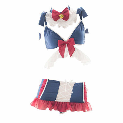 Cute Cat Cosplay Costume Sexy Outfit Japanese Anime Maid Lingerie Bra and Panty Set Blue