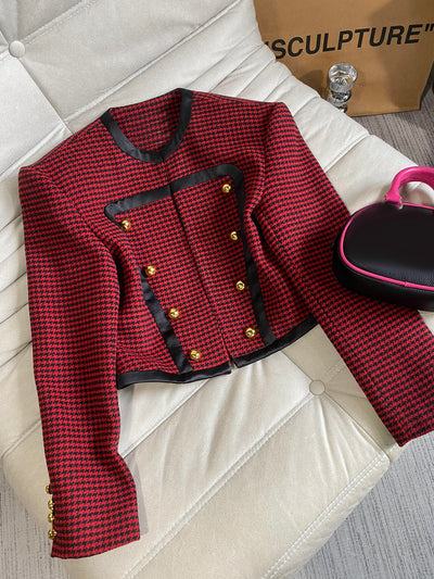 9.16 GuliChic Women Vintage Temperament Contrast Color Houndstooth Double Breasted Wool Short Jacket