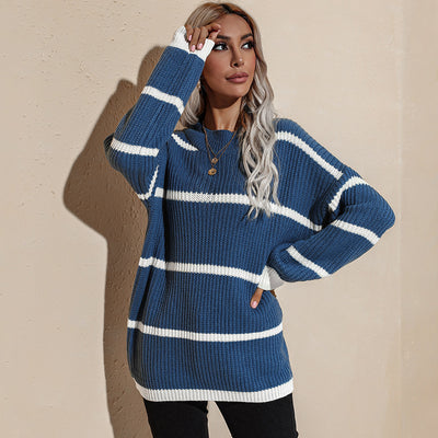 Women O-Neck Fashion Clothing Top Striped Pullover Knitted Sweater 2021 Autumn Winter Oversize Long Sleeve Casual Loose Sweaters