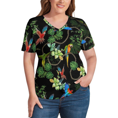 Gold Chains Print T-Shirts Tropic Parrots V Neck Korean Fashion T-Shirt Short Sleeve Women Pretty Tshirt Tees Plus Size 2XL 3XL