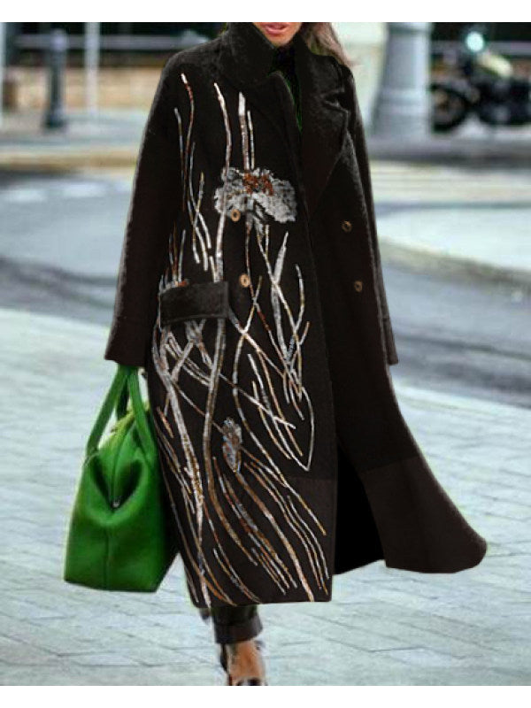 Autumn and Winter Women&#39;s OverCoat Lapel Wide Stitching Pattern Loose Women&#39;s OverCoat Medium Long Cloak Warm Wool Coat Jacket