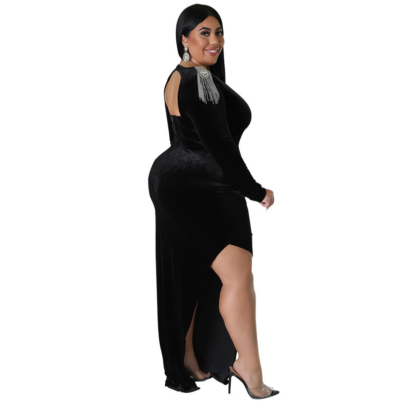 SOMO Winter Solid Hollow Out Long Sleeve Split Dress Fashion Tassel Slim Sexy Plus Size Evening Dresses Wholesale Dropshipping