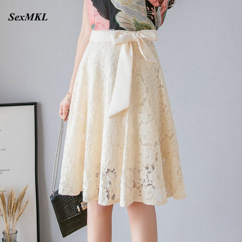 Oversized Lace Pleated Skirts Womens 2022 Sexy Summer Midi Knee Length Korean Elegant High Waist Skirt Casual Office Lady Skirts