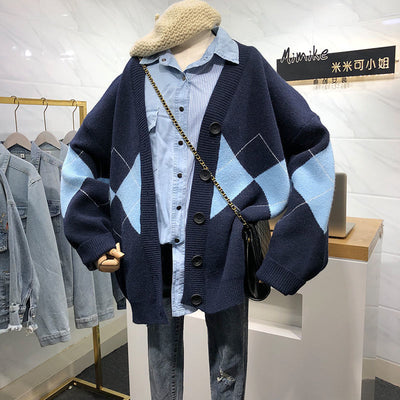 Casual V Neck Loose Cardigans For Women Autumn Winter School Style Student Plaid Knitting Jacket Ladies Chic Knitted Cardigan