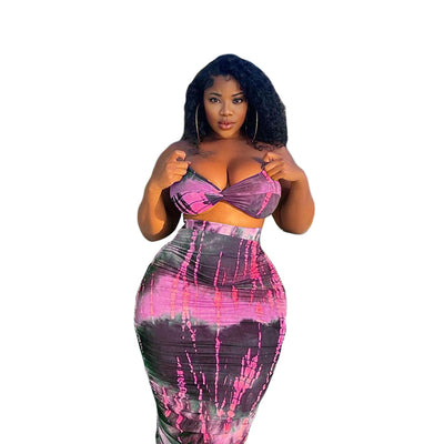 Plus Size Tie Dye Women&#39;s Tracksuit Maxi Midi Skirts Set with Crop Tops Matching Two Piece Set Swimsuit Outfits