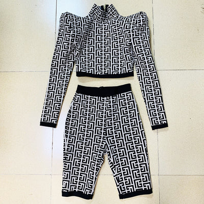 Brand New Trendy Brand Popular Silhouette Shrug Turtleneck Short Top Knee Length Tight Knitted Classic Texture Chic 2-Piece Sets