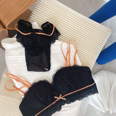 Half a cup of gathered tHalf a cup of lace beauty back underwear panties ladies small bra gather up no steel ring bra briefs set